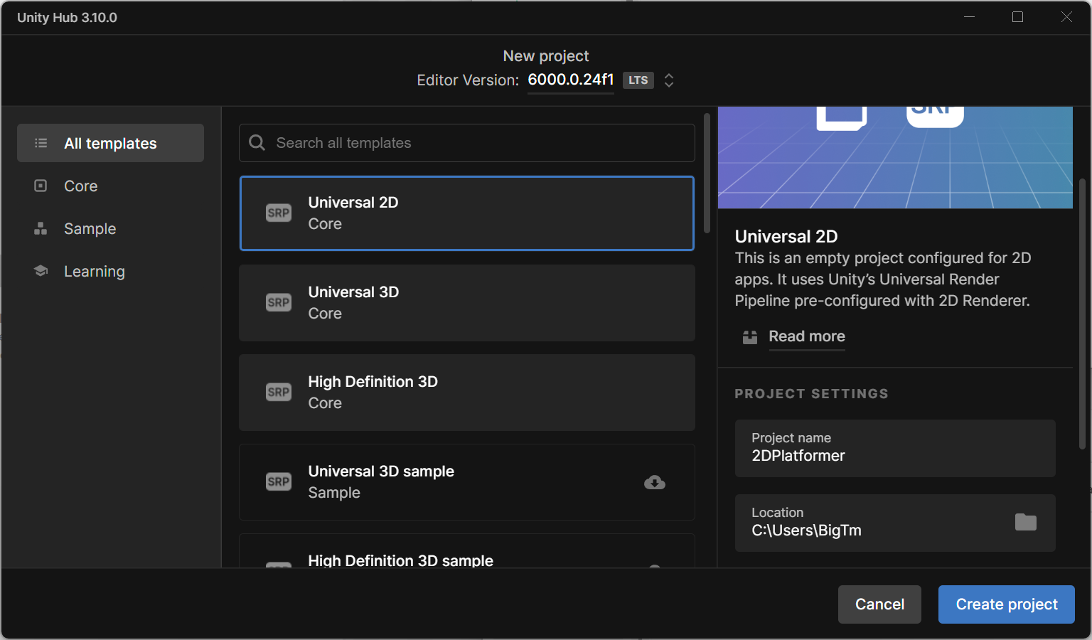 Unity: Create New Project